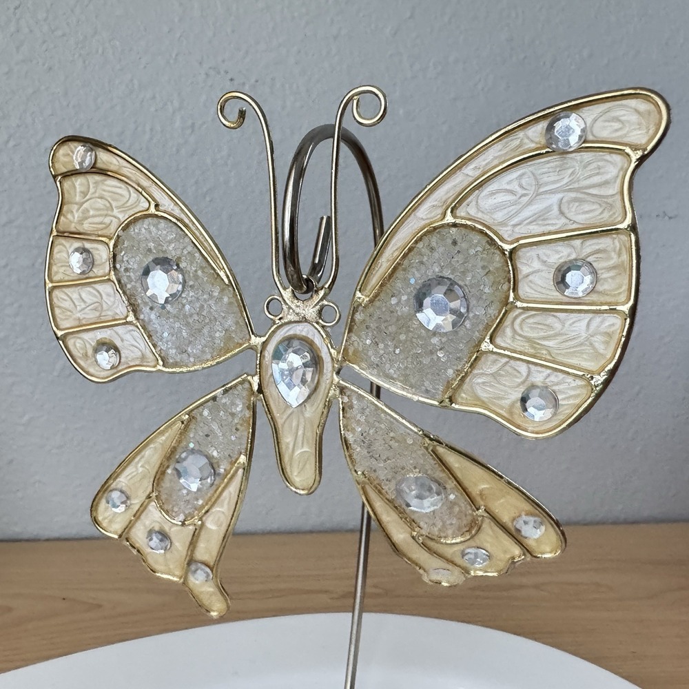 Gold Wire Glitter Enamel Butterfly Rhinestone‎ Christmas Tree Ornament Large 5"